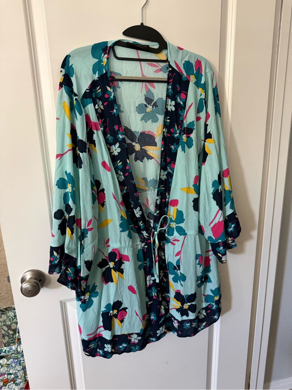 Lane Bryant Mint Floral Kimono with Pink and Teal Accents
